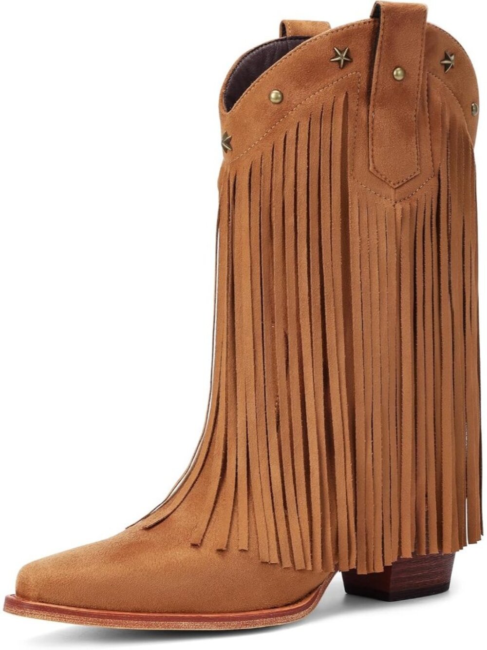 Women's Brown Faux Suede Fringe Cowgirl Boots Star Studded Mid Calf Chunky Heel